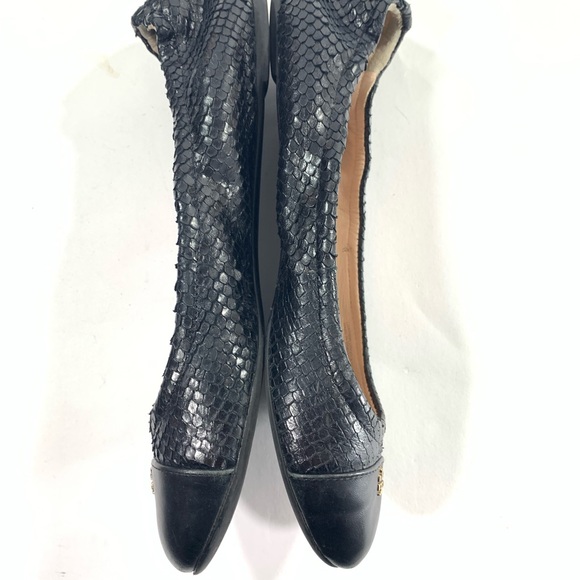 Tory Burch Sz 9 Black Cap Toe Leather Snake Skin Print Ballet Scrunch Back Flats - Picture 4 of 12